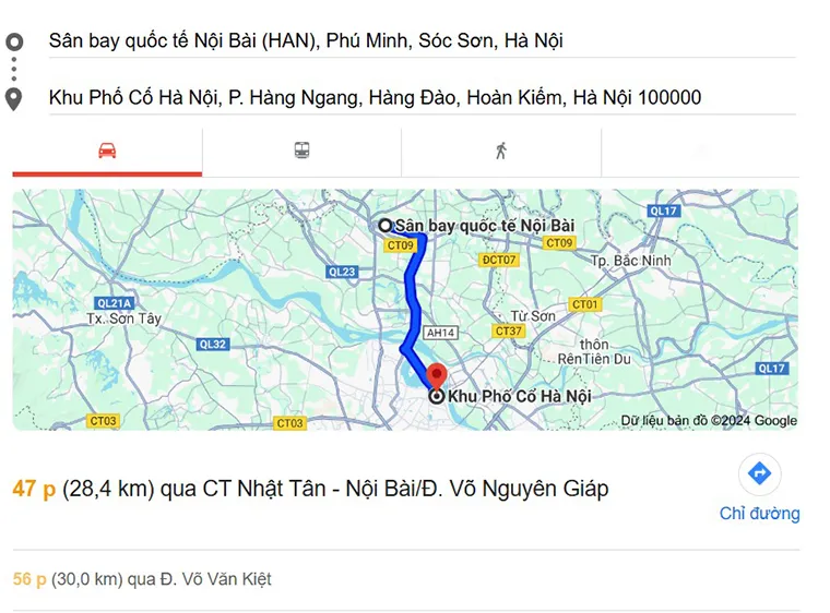 The route through Nhat Tan bridge is the fastest route