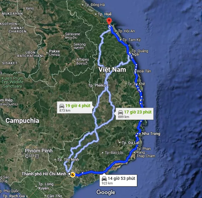 The distance from Ho Chi Minh City to Da Nang is about 925 km (574 miles)