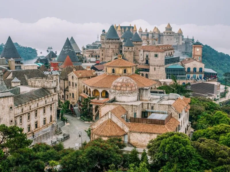 The French Village at Ba Na Hills showcases Gothic-style buildings, including a cathedral, a grand castle, and a medieval town