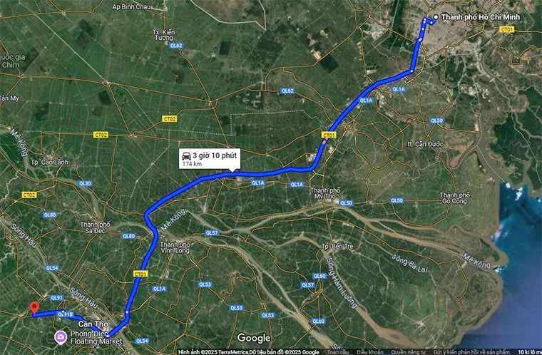 Distance from Ho Chi Minh City to the Mekong Delta.